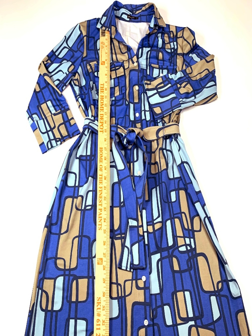 J. McLaughlin Knit Jersey Collared Belted Shirt Dress Women Blue Geometric Med - Picture 2 of 11